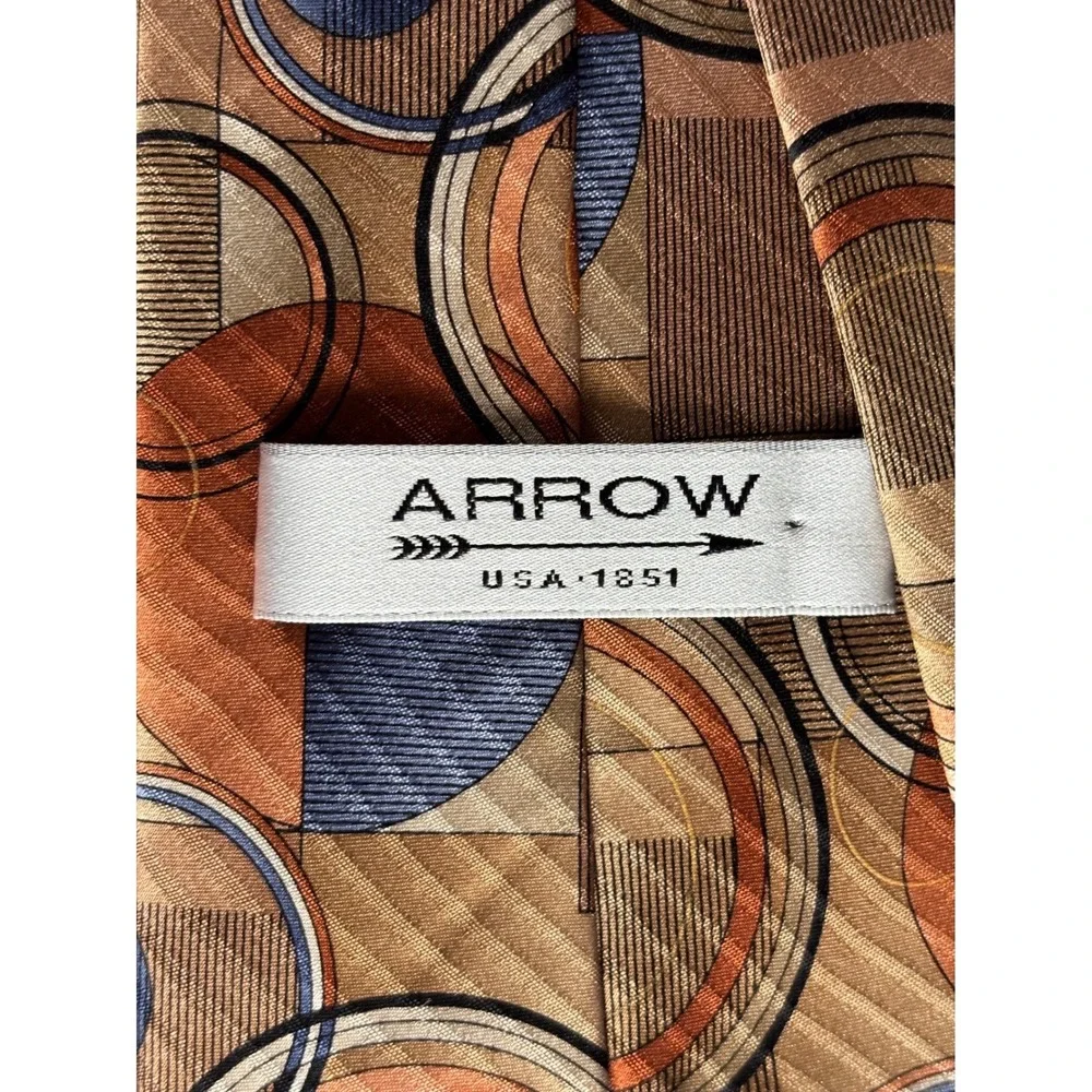 TWO Arrow & Meeting Street Vintage Silk Neckties Tan Brown Blue geometric circle